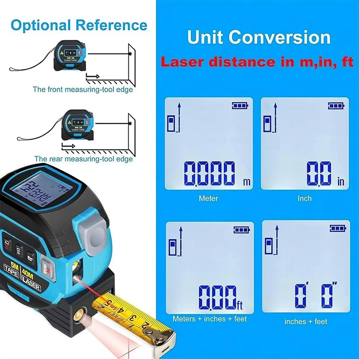 3-in-1 Digital Laser Tape Measure 40/60M - Infrared Distance Meter Tool