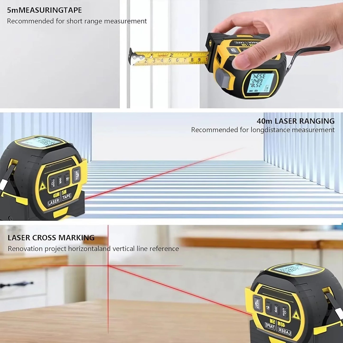 3-in-1 Digital Laser Tape Measure 40/60M - Infrared Distance Meter Tool