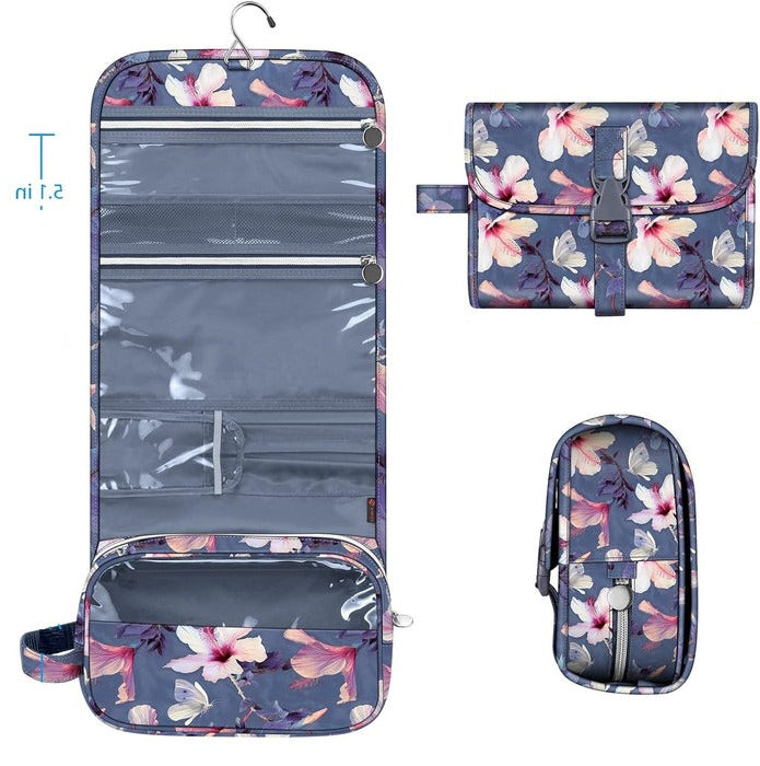 Hanging Travel Makeup Organizer Pouch - Roll-Up Cosmetic Bag with Brush Holder, Clear Pockets & Hook for Toiletries