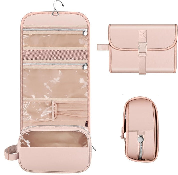 Hanging Travel Makeup Organizer Pouch - Roll-Up Cosmetic Bag with Brush Holder, Clear Pockets & Hook for Toiletries