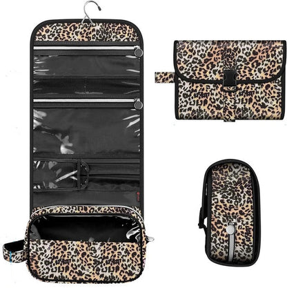 Hanging Travel Makeup Organizer Pouch - Roll-Up Cosmetic Bag with Brush Holder, Clear Pockets & Hook for Toiletries
