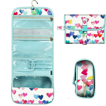 Hanging Travel Makeup Organizer Pouch - Roll-Up Cosmetic Bag with Brush Holder, Clear Pockets & Hook for Toiletries
