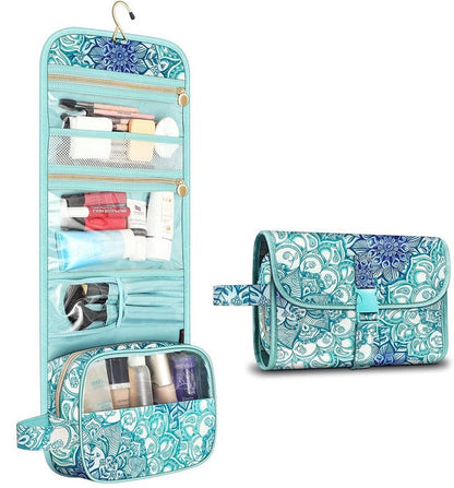 Hanging Travel Makeup Organizer Pouch - Roll-Up Cosmetic Bag with Brush Holder, Clear Pockets & Hook for Toiletries