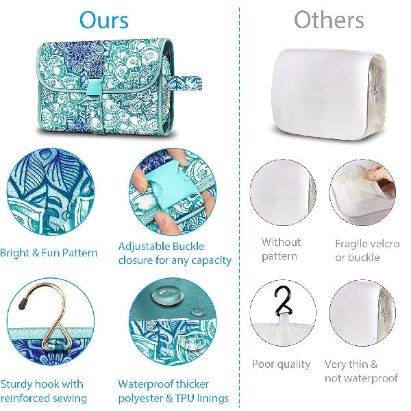 Hanging Travel Makeup Organizer Pouch - Roll-Up Cosmetic Bag with Brush Holder, Clear Pockets & Hook for Toiletries
