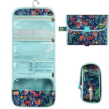 Hanging Travel Makeup Organizer Pouch - Roll-Up Cosmetic Bag with Brush Holder, Clear Pockets & Hook for Toiletries