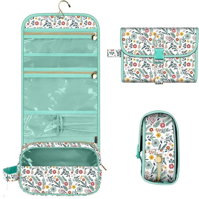 Hanging Travel Makeup Organizer Pouch - Roll-Up Cosmetic Bag with Brush Holder, Clear Pockets & Hook for Toiletries