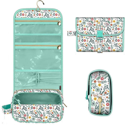 Hanging Travel Makeup Organizer Pouch - Roll-Up Cosmetic Bag with Brush Holder, Clear Pockets & Hook for Toiletries