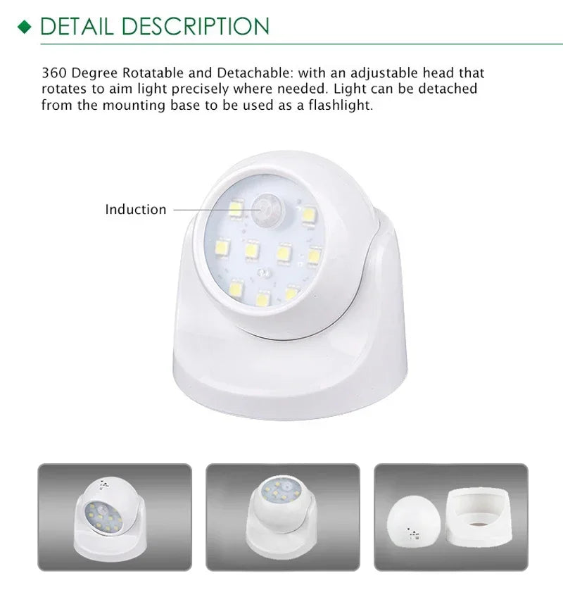 Wireless Motion Sensor LED Spotlight – 360° Rotatable, Battery Powered Outdoor Security Light, No Wiring