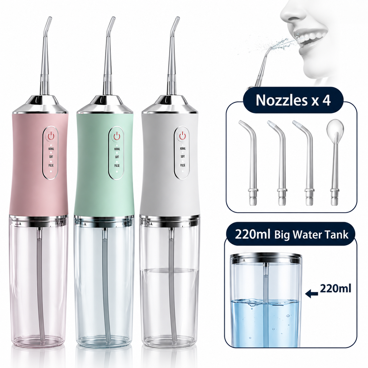 Portable Electric Water Flosser & Oral Irrigator - Cordless Rechargeable Sonic Dental Cleaner for Gumline, Travel-Friendly 220ml Tank