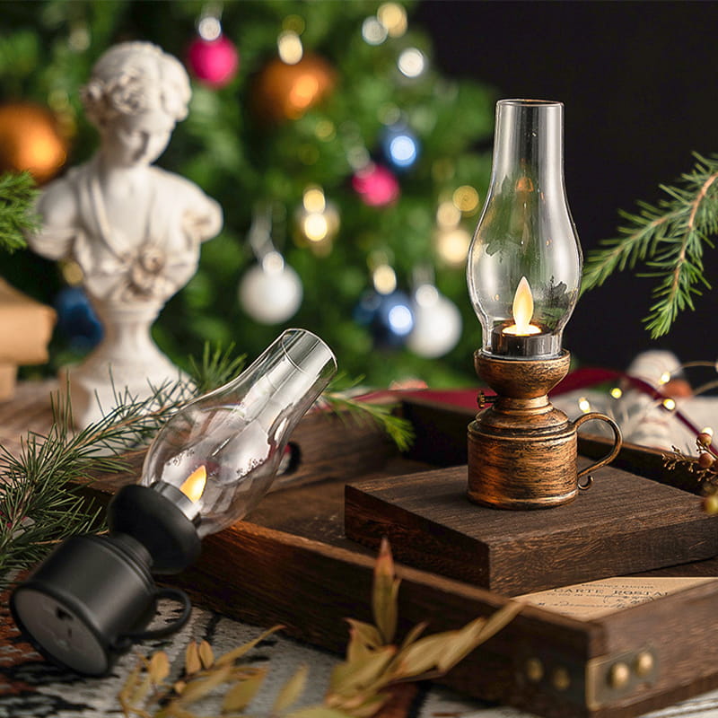 LED Vintage Kerosene Lamp (Flameless) - Battery-Operated Swinging Flame Lantern, Rustic Decor for Patio, Porch & Mantel