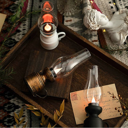 LED Vintage Kerosene Lamp (Flameless) - Battery-Operated Swinging Flame Lantern, Rustic Decor for Patio, Porch & Mantel