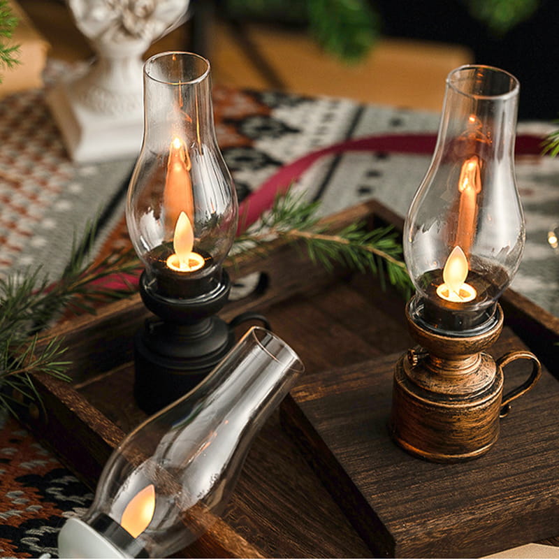LED Vintage Kerosene Lamp (Flameless) - Battery-Operated Swinging Flame Lantern, Rustic Decor for Patio, Porch & Mantel