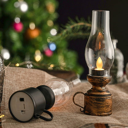 LED Vintage Kerosene Lamp (Flameless) - Battery-Operated Swinging Flame Lantern, Rustic Decor for Patio, Porch & Mantel