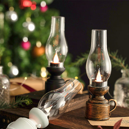LED Vintage Kerosene Lamp (Flameless) - Battery-Operated Swinging Flame Lantern, Rustic Decor for Patio, Porch & Mantel