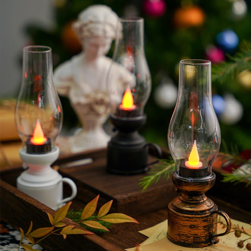 LED Vintage Kerosene Lamp (Flameless) - Battery-Operated Swinging Flame Lantern, Rustic Decor for Patio, Porch & Mantel