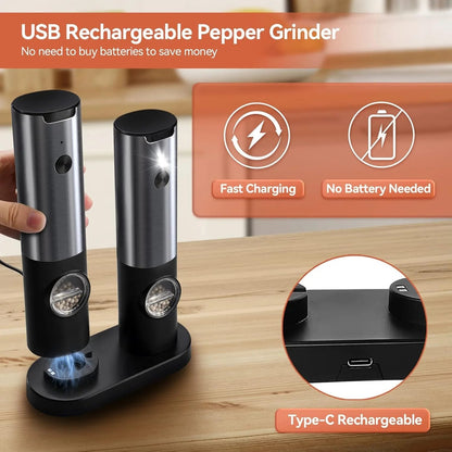 Electric Salt & Pepper Mill - Rechargeable One-Touch Ceramic Grinder with Adjustable Coarseness & LED Light
