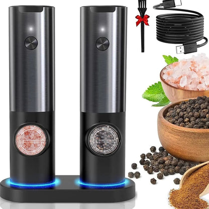 Electric Salt & Pepper Mill - Rechargeable One-Touch Ceramic Grinder with Adjustable Coarseness & LED Light