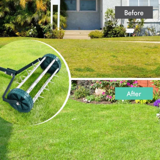 Manual Lawn Spike Soil Aerator - Push Roller Garden Aerating Tool