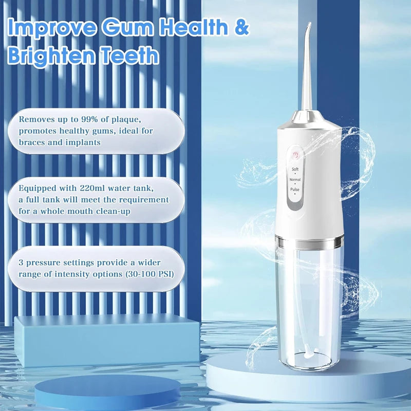Portable Electric Water Flosser & Oral Irrigator - Cordless Rechargeable Sonic Dental Cleaner for Gumline, Travel-Friendly 220ml Tank