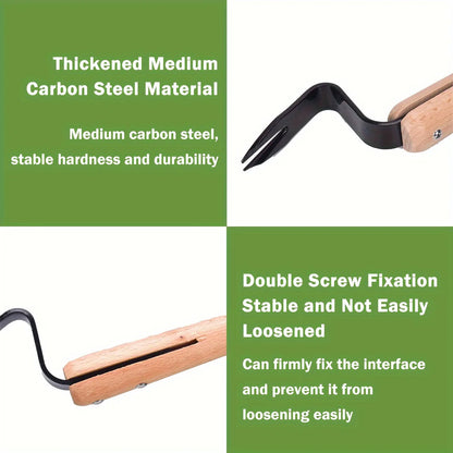Stainless Steel Weed Puller Tool - Manual Root Remover with Wooden Handle for Dandelions & Garden Weeds