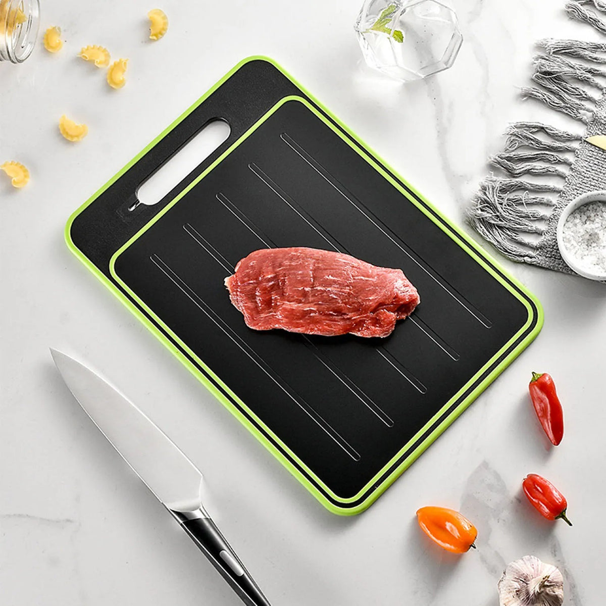 4-in-1 Cutting Board & Thawing Tray with Built-In Knife Sharpener - Aluminum Fast-Thaw Kitchen Prep Board