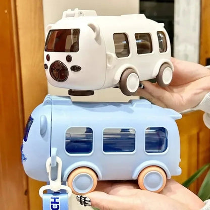 Cartoon Bus Kids Water Bottle with Straw - 16.9oz Leak-Proof Bottle with Carry Strap for Toddlers & Preschool