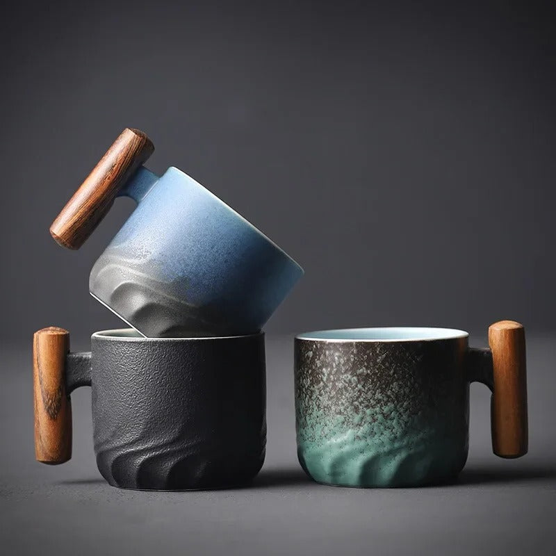 Vintage Ceramic Espresso Cups with Wooden Handle - 80ml Coffee Cups, Dishwasher Safe