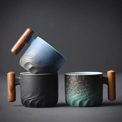Vintage Ceramic Espresso Cups with Wooden Handle - 80ml Coffee Cups, Dishwasher Safe