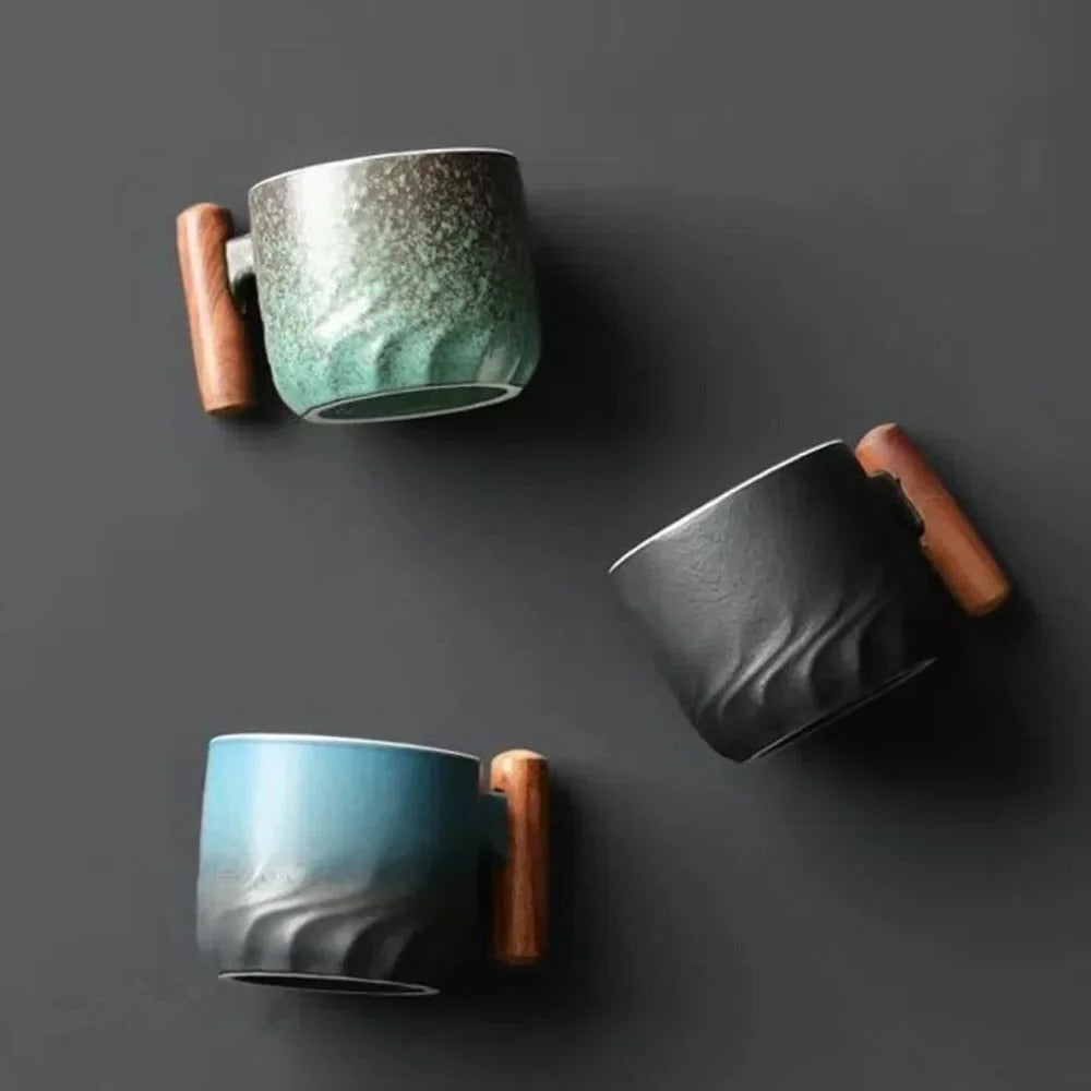 Vintage Ceramic Espresso Cups with Wooden Handle - 80ml Coffee Cups, Dishwasher Safe