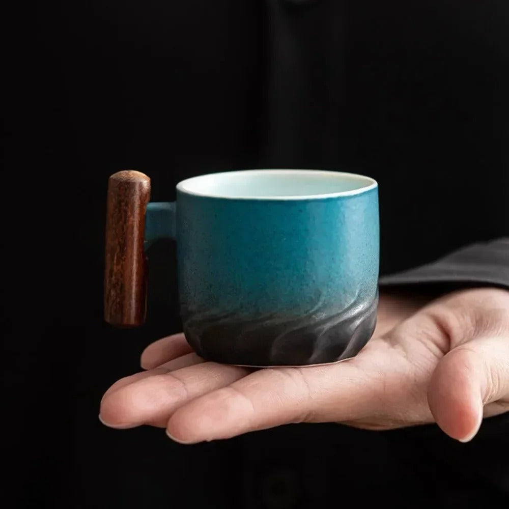 Vintage Ceramic Espresso Cups with Wooden Handle - 80ml Coffee Cups, Dishwasher Safe