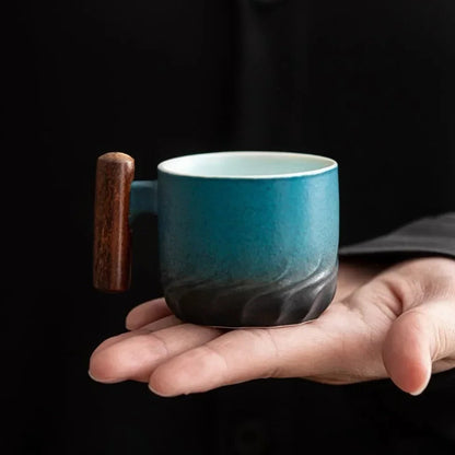 Vintage Ceramic Espresso Cups with Wooden Handle - 80ml Coffee Cups, Dishwasher Safe