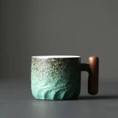Vintage Ceramic Espresso Cups with Wooden Handle - 80ml Coffee Cups, Dishwasher Safe