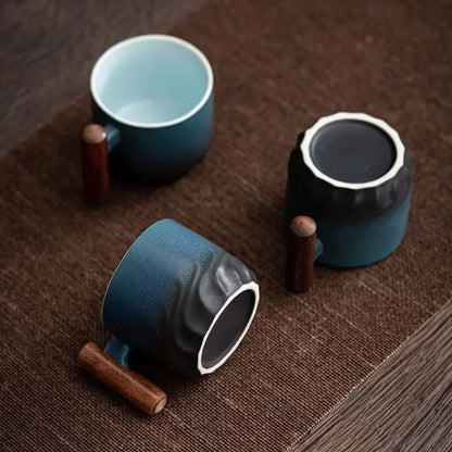 Vintage Ceramic Espresso Cups with Wooden Handle - 80ml Coffee Cups, Dishwasher Safe