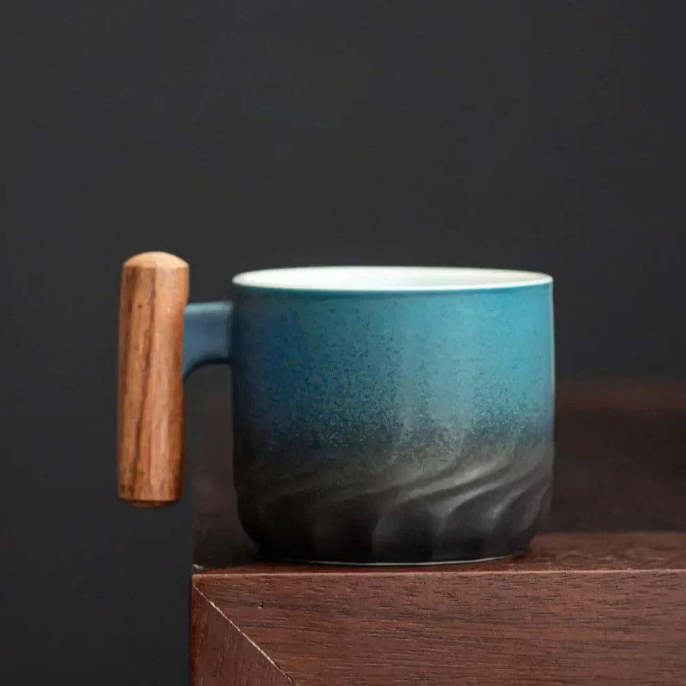 Vintage Ceramic Espresso Cups with Wooden Handle - 80ml Coffee Cups, Dishwasher Safe