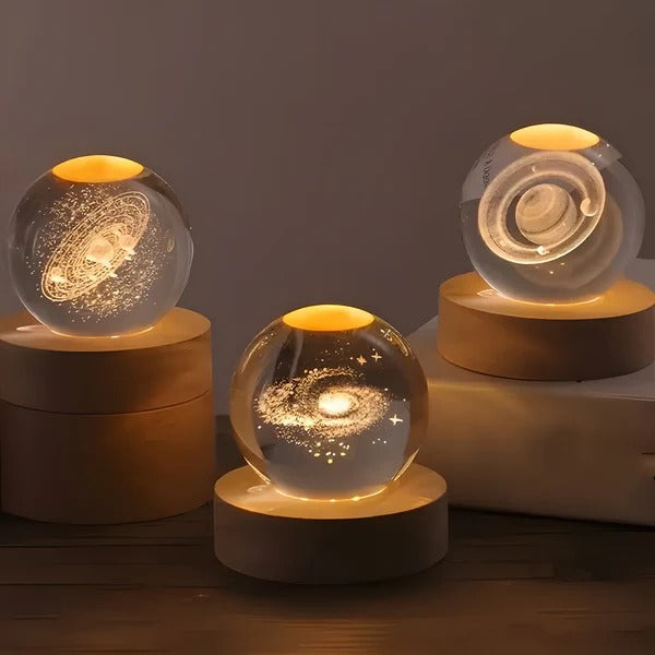 3D Engraved Sphere Lamp with LED Base - Moon, Galaxy & Solar System Night Light, Touch Control Ambient Lamp for Bedroom, Desk & Shelf