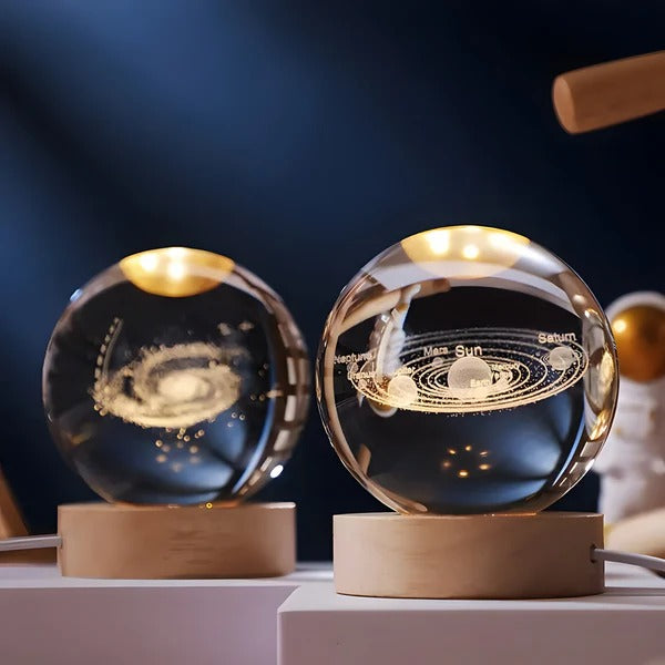 3D Engraved Sphere Lamp with LED Base - Moon, Galaxy & Solar System Night Light, Touch Control Ambient Lamp for Bedroom, Desk & Shelf