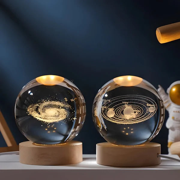 3D Engraved Sphere Lamp with LED Base - Moon, Galaxy & Solar System Night Light, Touch Control Ambient Lamp for Bedroom, Desk & Shelf