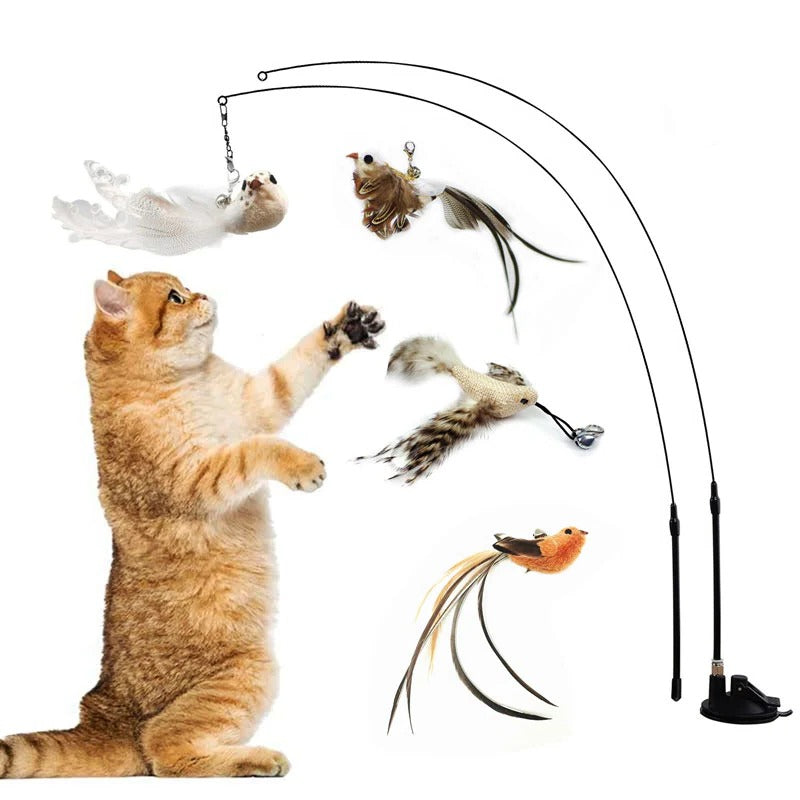 Interactive Feather Bird Toy Set for Cats – Suction Cup Window Base