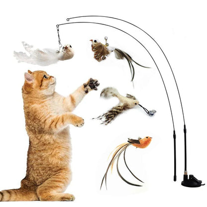 Interactive Feather Bird Toy Set for Cats – Suction Cup Window Base