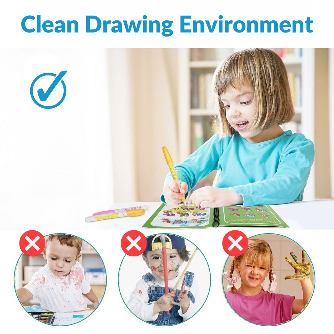 Magic Water Drawing Book - Reusable Water Doodle Book for Kids, Mess-Free No Ink Coloring Activity, Travel Toy