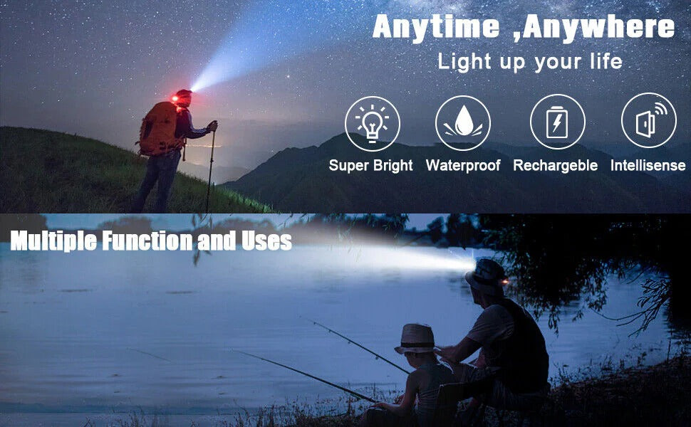 Rechargeable LED Headlamp with Zoom - Hands-Free Flashlight for Camping, Hiking, Running, Dog Walking & Repairs