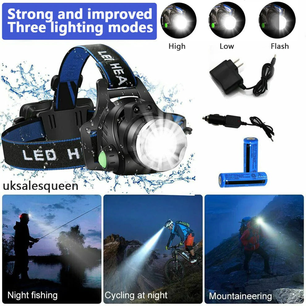 Rechargeable LED Headlamp with Zoom - Hands-Free Flashlight for Camping, Hiking, Running, Dog Walking & Repairs
