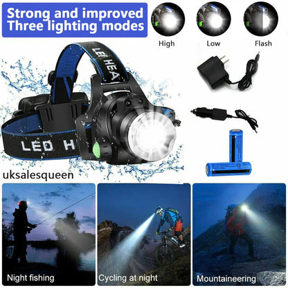 Rechargeable LED Headlamp with Zoom - Hands-Free Flashlight for Camping, Hiking, Running, Dog Walking & Repairs