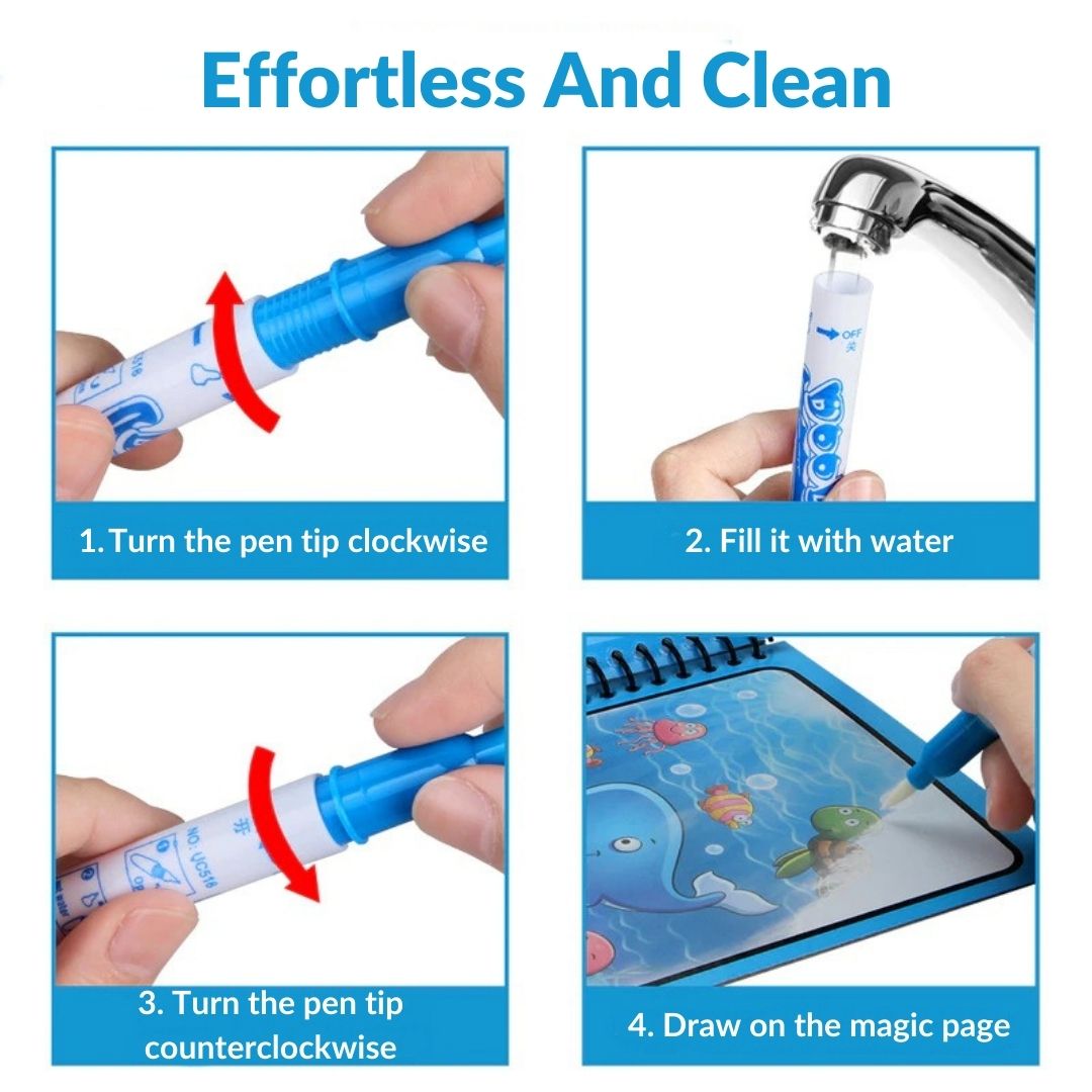 Magic Water Drawing Book - Reusable Water Doodle Book for Kids, Mess-Free No Ink Coloring Activity, Travel Toy