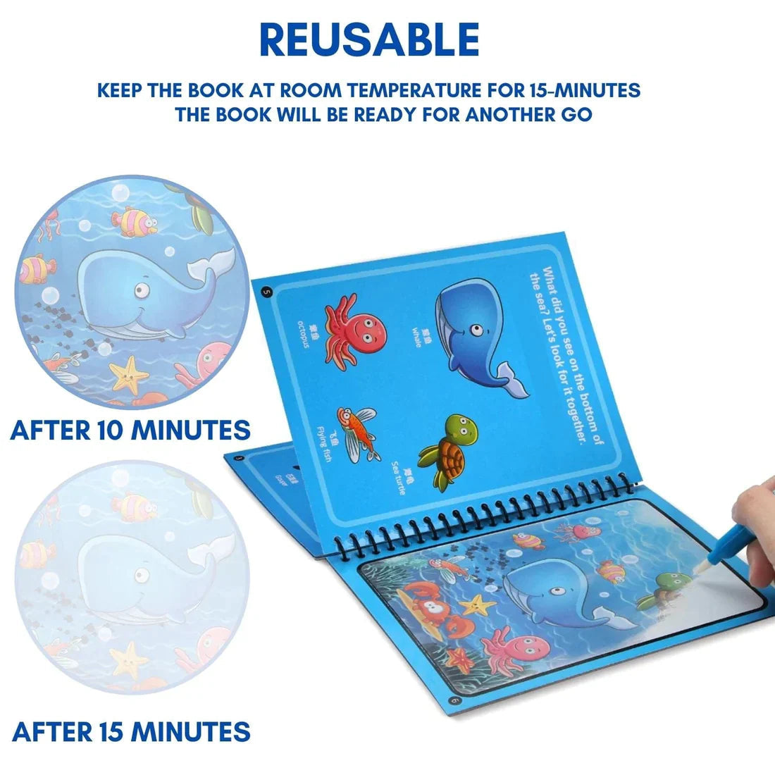 Magic Water Drawing Book - Reusable Water Doodle Book for Kids, Mess-Free No Ink Coloring Activity, Travel Toy