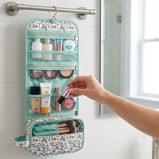 Hanging Travel Makeup Organizer Pouch - Roll-Up Cosmetic Bag with Brush Holder, Clear Pockets & Hook for Toiletries