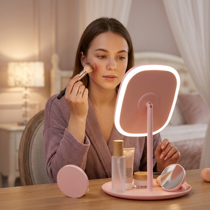 Portable LED Makeup Mirror - Rechargeable Lighted Vanity Mirror with 3 Lighting Modes, Touch Dimmer & 90° Adjustable Head