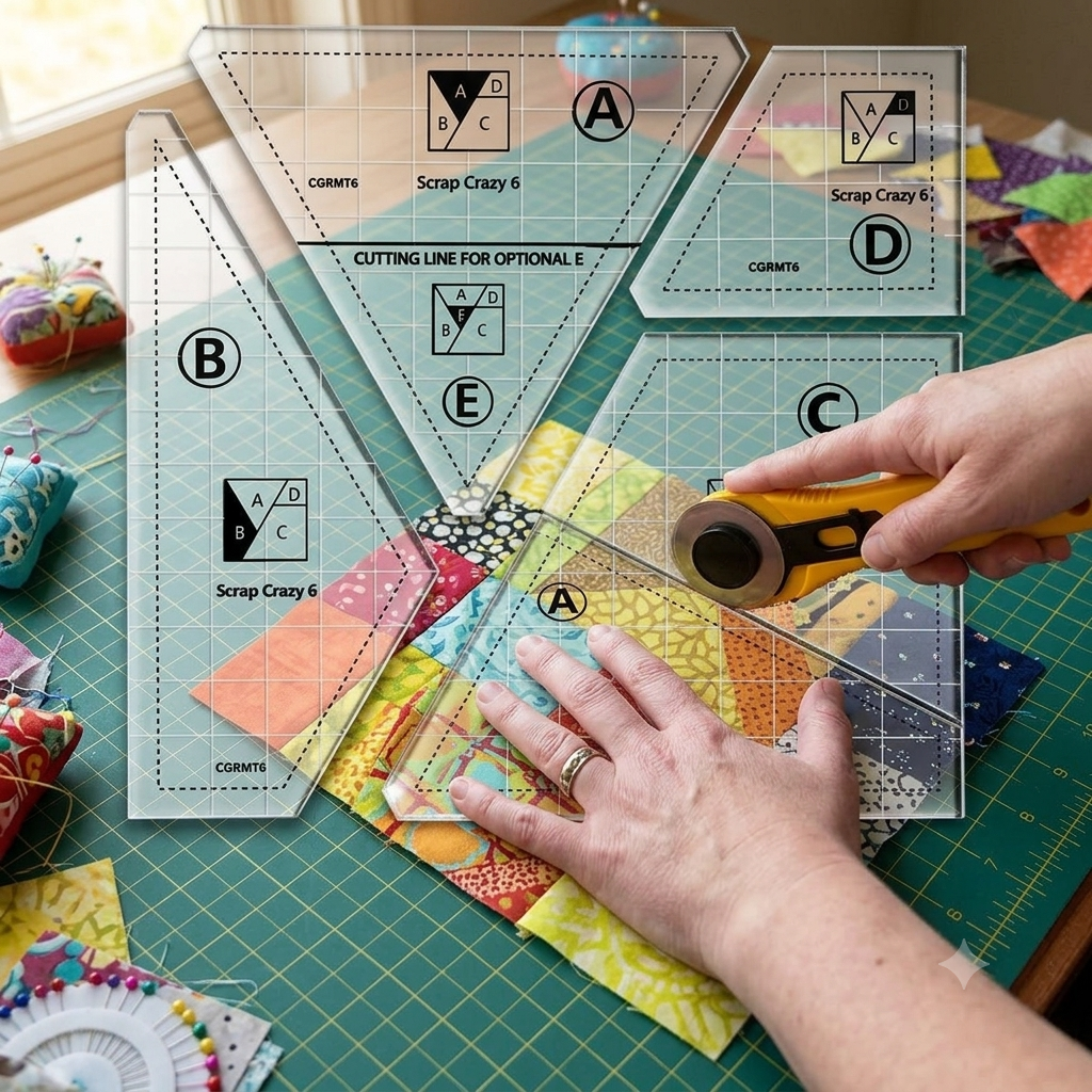 Acrylic Quilting Cutting Templates (4-Piece Set) - Rotary Cutting Ruler Guide for 6-Inch Quilt Blocks, Scrap Fabric Piecing