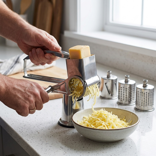 4-Piece Stainless Steel Rotary Cheese Grater Set - Hand-Crank Grater with Interchangeable Drums for Cheese, Chocolate & Nuts