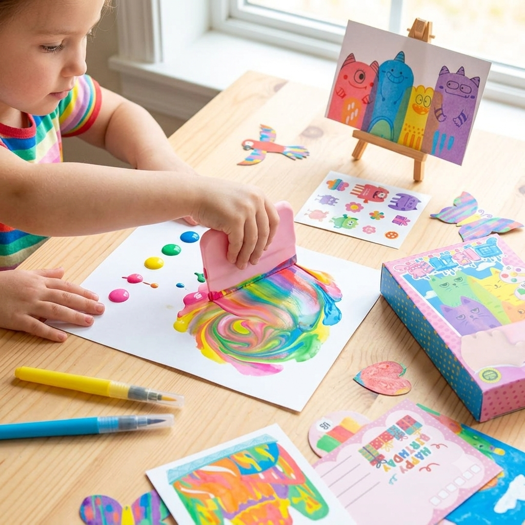 Kids Squeegee Art Kit - Swirl Paint & Watercolor Pen Set with Stickers, Mess-Free Creative Craft Kit for Kids Ages 4+